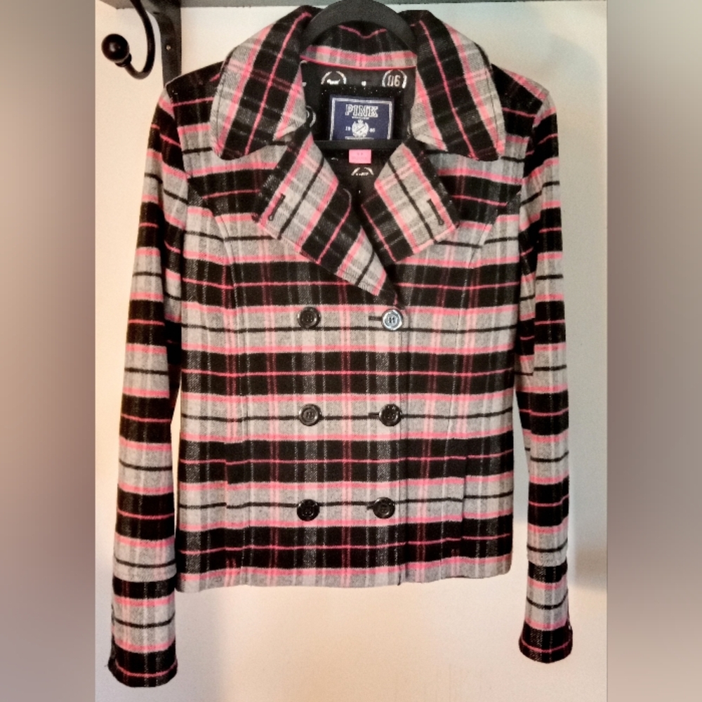 PINK Striped Pea Coat Women's Size S Lined